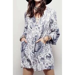 Free People Rain Or Shine Lace up Mini Dress S Ivory Peasant Boho Hippie Paisley
